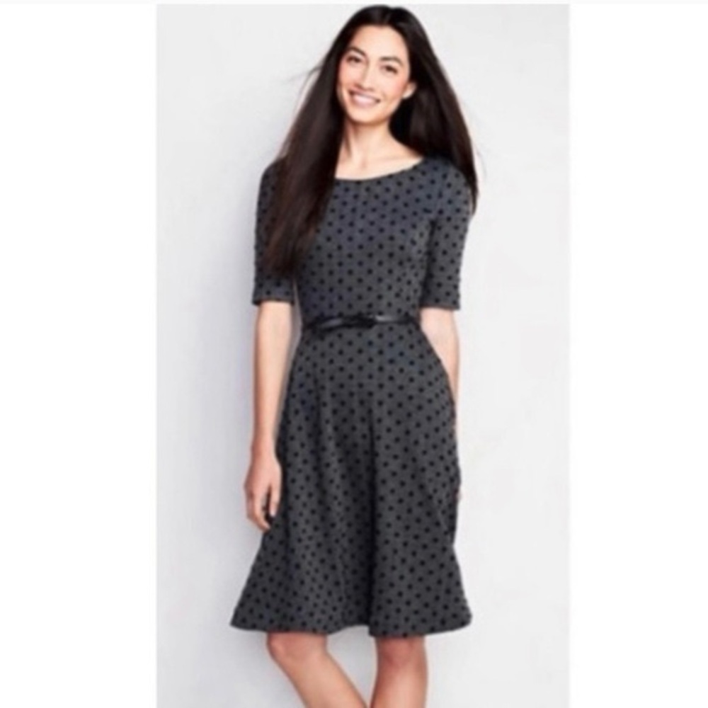 Lands End polka dot grey and black classy midi dress